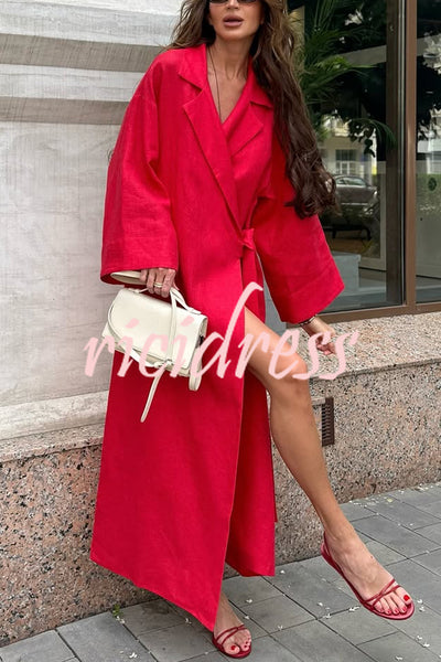 Linen Blend Solid Color Casual Lapel Tie Loose Maxi Dress