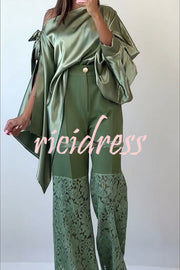 Chic Moment Satin Irregular Knot Slit Sleeve One Shoulder Loose Blouse
