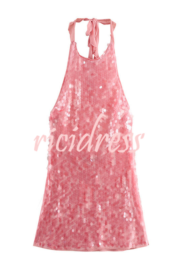 Sexy Rose Disc Sequin Halter Backless Mini Dress