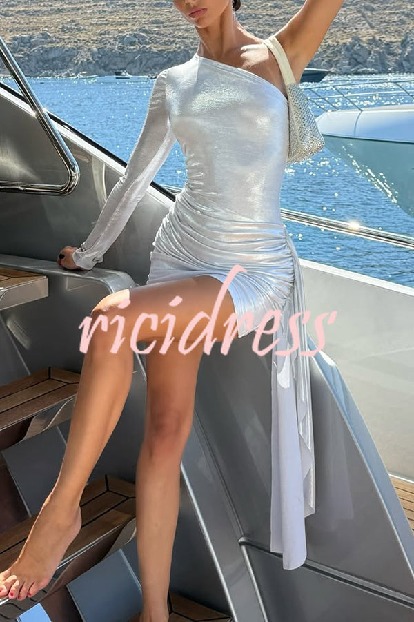Sexy Asymmetric One-sleeve Pleated Stretch Slim Mini Dress