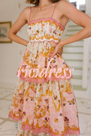 Charming Smile Floral Print Scalloped Lace-trim Back Tie-up Tiered Maxi Dress