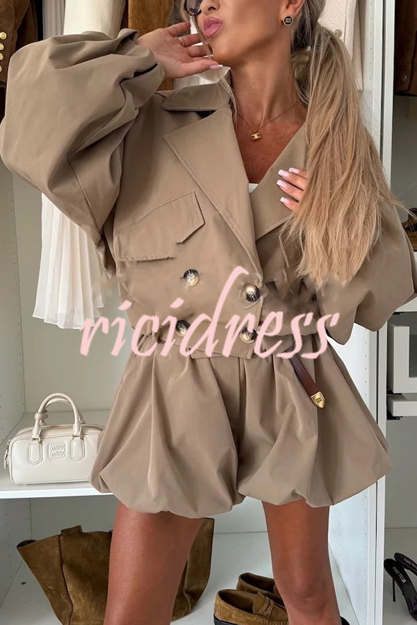 Fashion Style Button Long Balloon Sleeve Pocket Lapel Casual Bomber Jacket