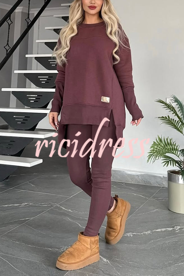 Solid Color Crew Neck Long Sleeve Top and Casual Stretch Pants Set