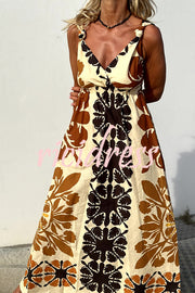 Jalen Linen Blend Ethnic Floral Print Knotted Strap Elastic Waist Midi Dress
