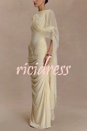 Fashionable Mesh Shawl Sleeveless Slim Fit Pleated Maxi Dress