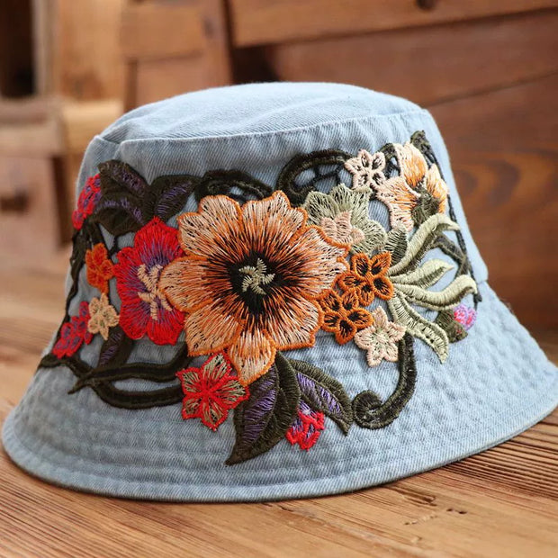 Fashionable Ethnic Style Embroidered Denim Bucket Hat