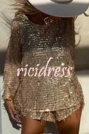 Fashion Sequin Round Neck Long Sleeve Tassel Top and Elastic Waist Casual Shorts Set