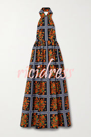 Floral Print Sexy Halter Neck Backless Elegant Maxi Dress
