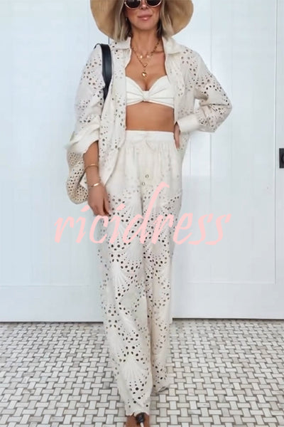 Lillah Embroidered Lace Shell Pattern Elastic Waist Pocket Wide Leg Pants