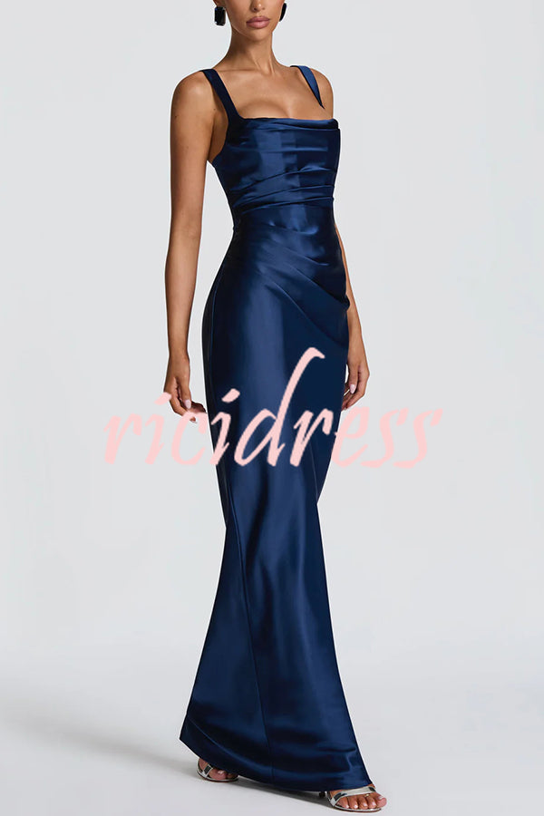Calanthe Satin Square Neck Ruched Back Lace-up Drape Mesh Scarf Maxi Dress