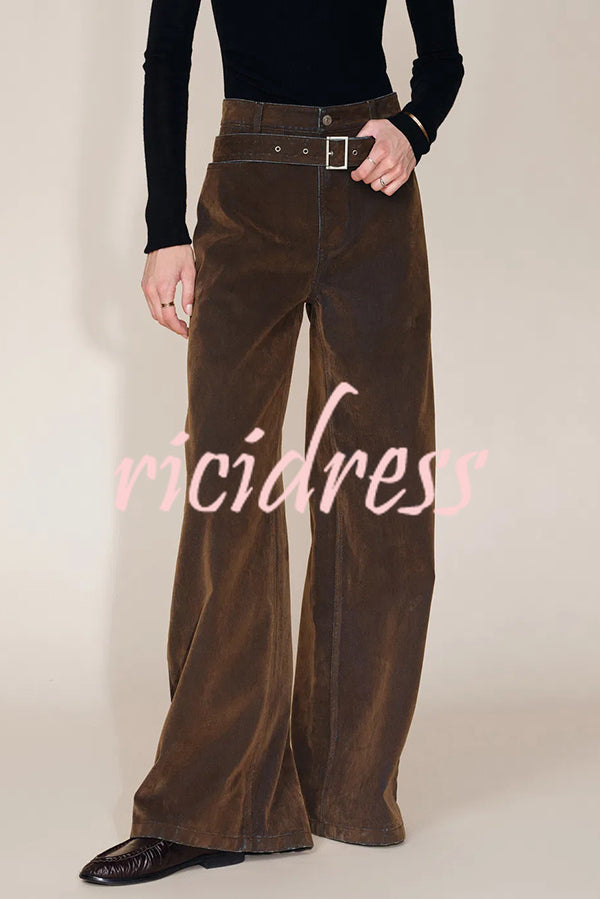 Taylor Denim Mid Rise Detachable Belt Flocked Pocket Wide Leg Jeans