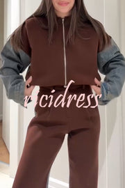 Sports Fashion Denim Patchwork Sweatshirt Fabric Zipper Long Sleeve Loose Jacket
