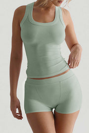 Fashionable Sports Yoga Style Sleeveless Square Neck Top and Elastic Slim Shorts Set