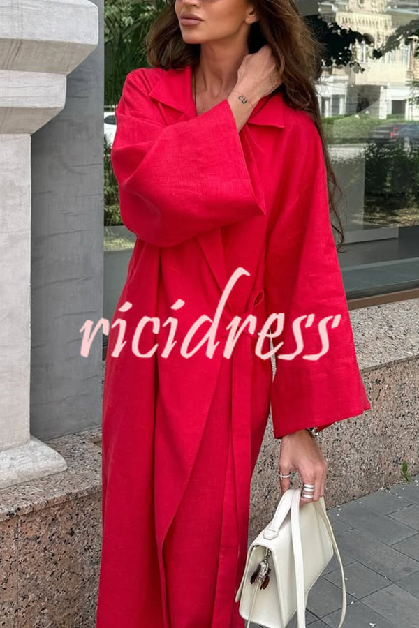 Linen Blend Solid Color Casual Lapel Tie Loose Maxi Dress