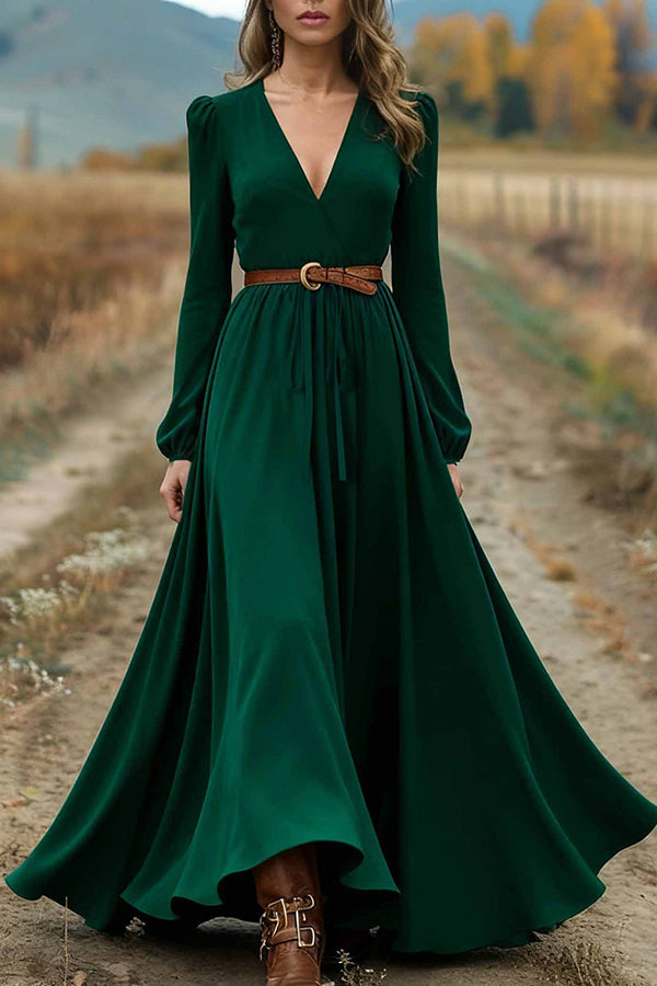 Solid Color V-neck Long Sleeve High Waist Full Hem Maxi Dress