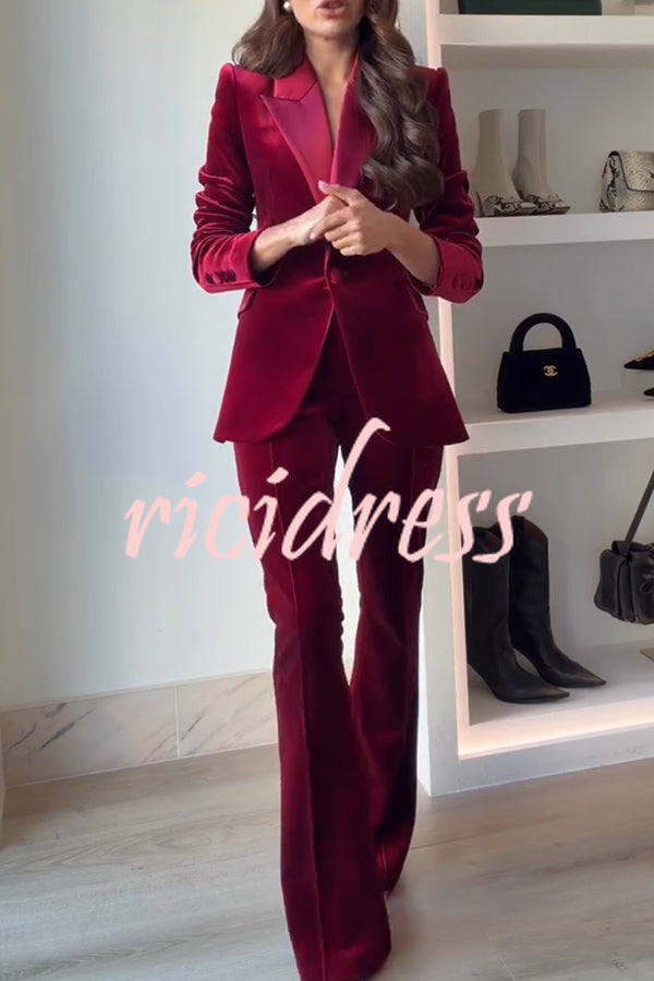 Delicate Daze Velvet Satin Lapel Button Up Long Sleeve Tapered Waist Blazer
