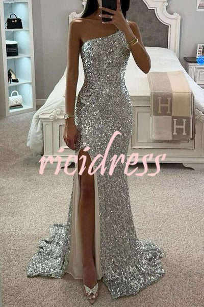 Reason To Shine Sequin One Shoulder High Slit Evening Maxi Dress