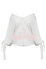 Joyful Bond Linen Blend V-neck Knotted Cuff Half Sleeve Loose Top