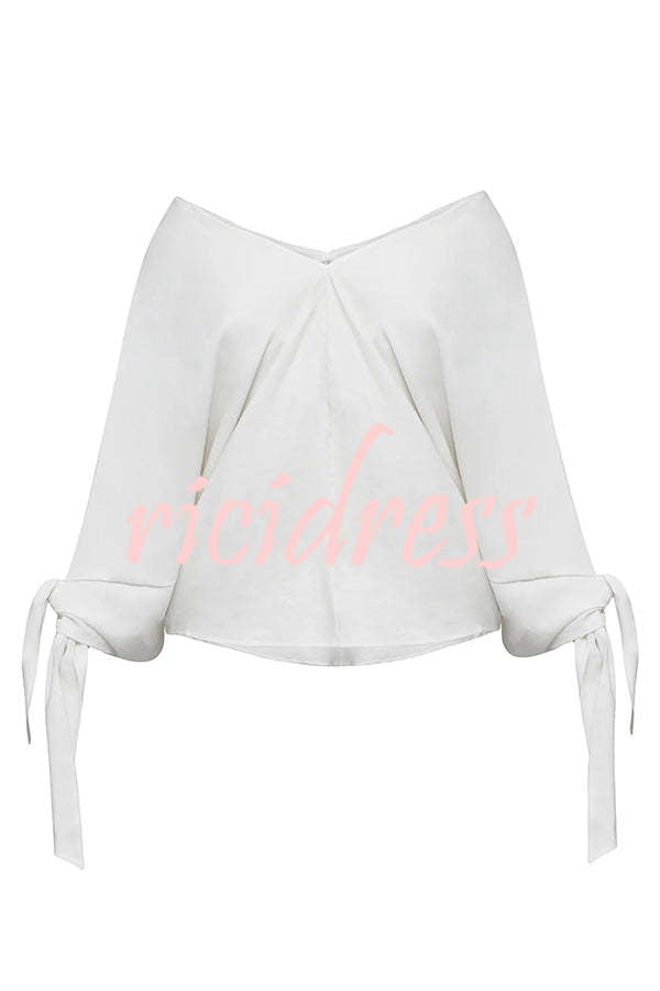Joyful Bond Linen Blend V-neck Knotted Cuff Half Sleeve Loose Top