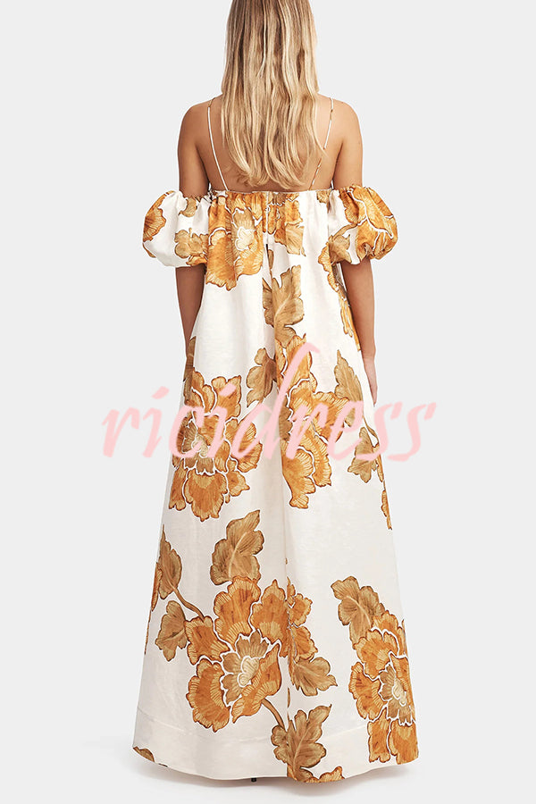 Floral Print Suspenders Puff Sleeves Loose Pocket Holiday Maxi Dress