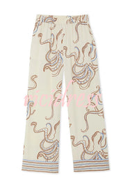 Calm Seas Line Octopus Unique Print Loose Shirt and Elastic Waist Pocketed Pajama Set