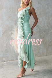 Fashion One-shoulder Pleated Sexy High Slit Slim Dress