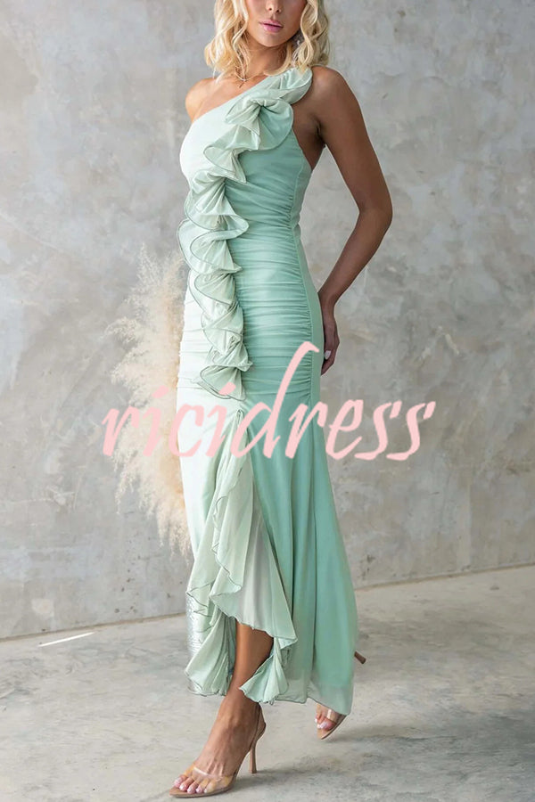 Fashion One-shoulder Pleated Sexy High Slit Slim Dress
