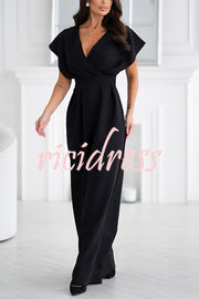 Solid Color V-neck Waist Casual Wide-leg Jumpsuit