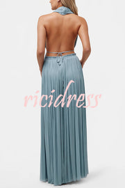 Pure Lightness Chiffon Pleated Halter Backless Top and Elastic Waist A-line Maxi Skirt Set