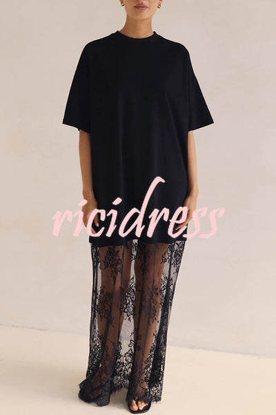 Ophelia Short Sleeve Sheer Floral Lace Hem Oversized T-shirt Maxi Dress