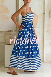 Striped Polka-dot Print Sling Pleated Open-back Maxi Dress