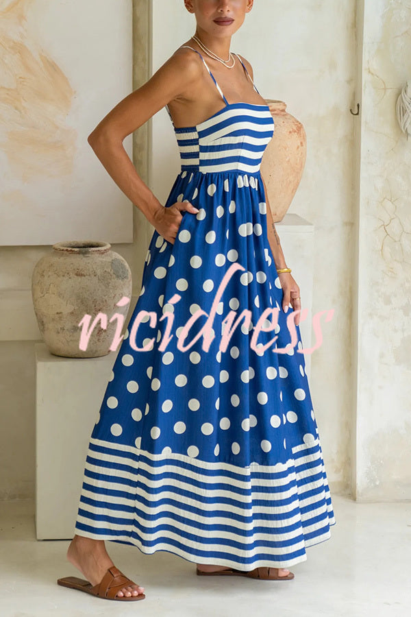 Striped Polka-dot Print Sling Pleated Open-back Maxi Dress