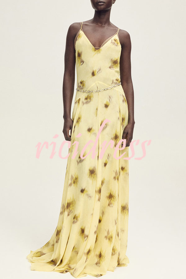 Sunset Glow Floral Print V-neck Thin Straps Flare Hem Maxi Dress