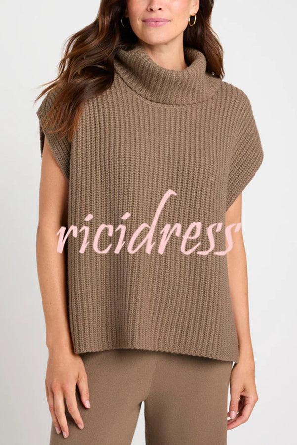 Comfortable and Luxe Knit TurtleNeck Cap Sleeves Lightweight Sweater