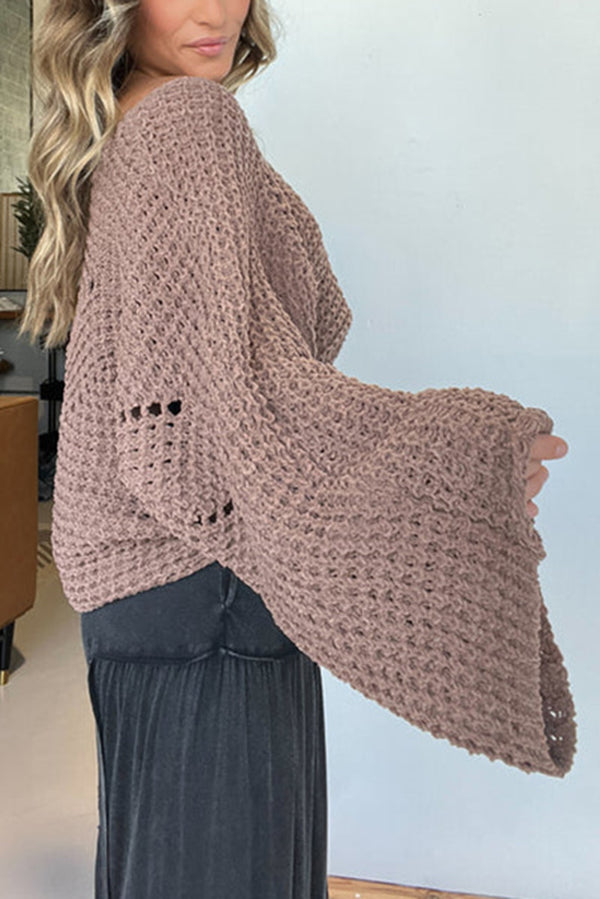 Solid Color Hollow Loose Round Neck Bat Sleeve Knitted Sweater