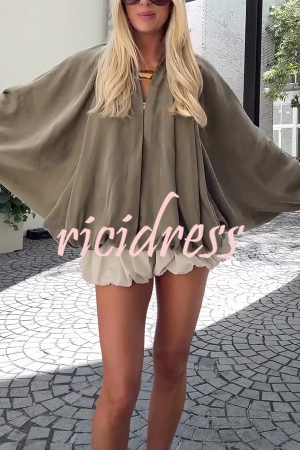 Fashion Lapel Loose Puff Long Sleeve Casual Zipper Jacket
