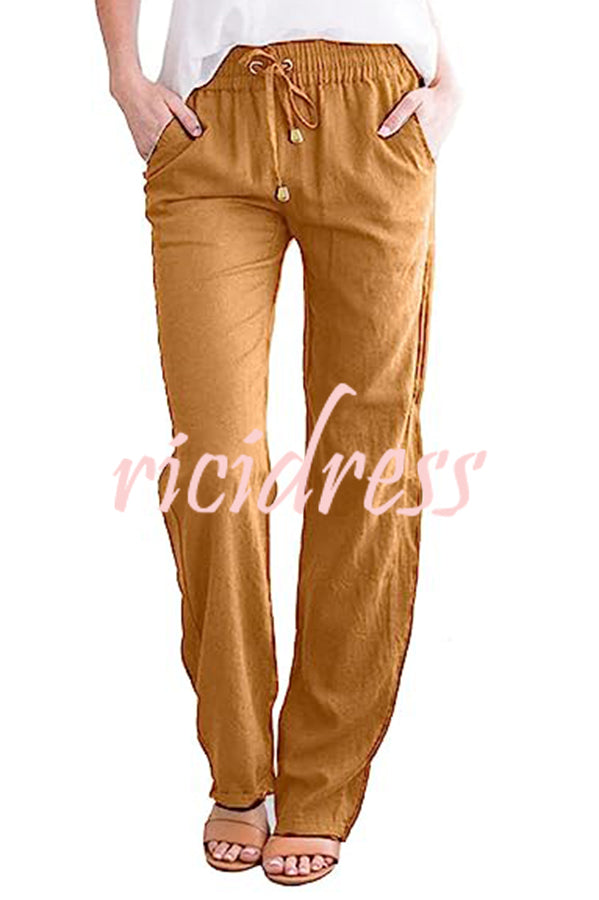 Soft Breathable Solid Color Drawstring Elastic Waist Long Straight Pants