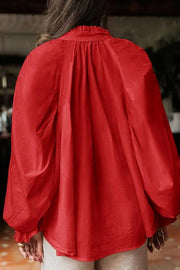 Solid Color V-neck Ruffled Lantern Sleeve Loose Casual Shirt