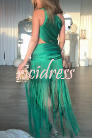 Dancing Miracle One Shoulder High Waist Hollow Design Tassel Hem Drape Mini Dress