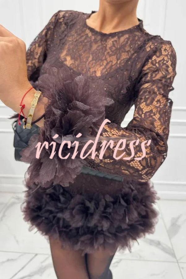 Alyssa Lace Fabric Tulle Layered Petals Trim Long Sleeve Mini Dress