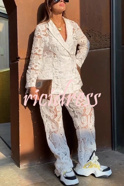 Fashionable Lace Long-sleeved Lapel Loose Top and Casual Hollow Pants Set