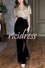 Elegant V-neck Sequined Velvet Stitching Sexy Slit Maxi Dress