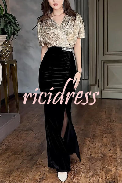 Elegant V-neck Sequined Velvet Stitching Sexy Slit Maxi Dress