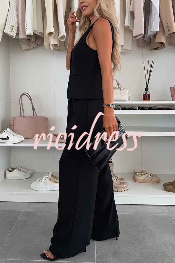 Workplace Chic Sleeveless Button Vest and Relaxed Pocket Wide Leg Pants Set
