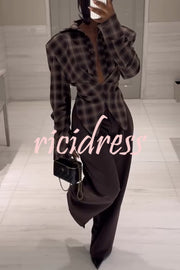 Vintage Plaid Shoulder Pad Buttons Long Sleeve Angled Hem Shirt