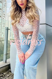 Geometric Pattern Crew Neck Mesh Pearl Sequin Long Sleeved Top