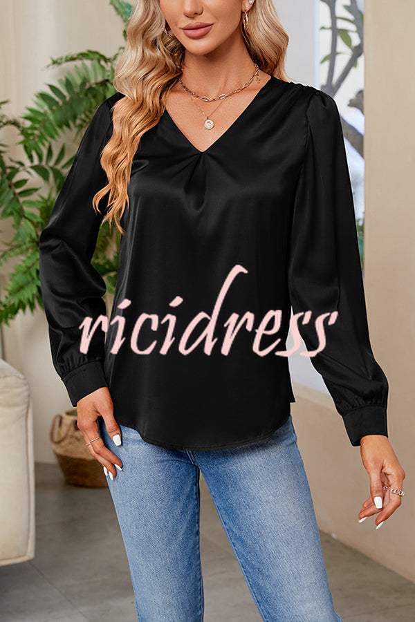 Satin Pleated V-neck Long-sleeved Loose Shirt