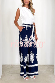 Unique Ethnic Print Belted Casual Pocket Wide Leg Pants