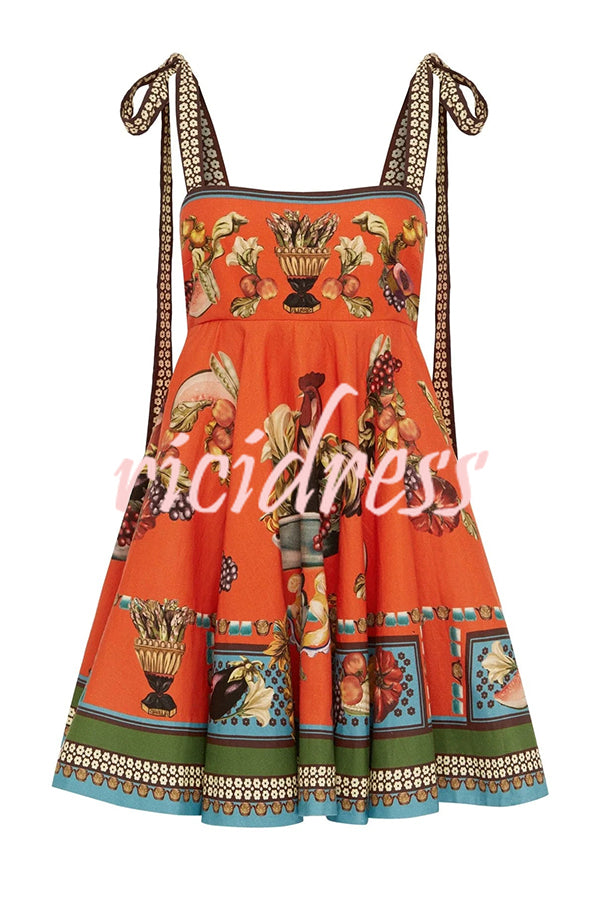 Linen Blend Unique Print Suspender Tie Casual Mini Dress