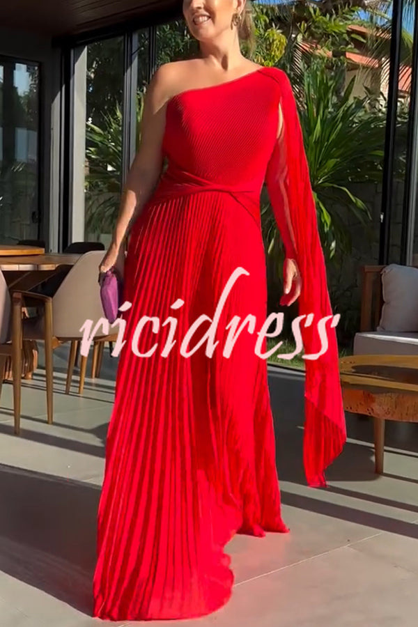 Kate Pleated One Shoulder Drape Sleeve Twist Waist Maxi Dress